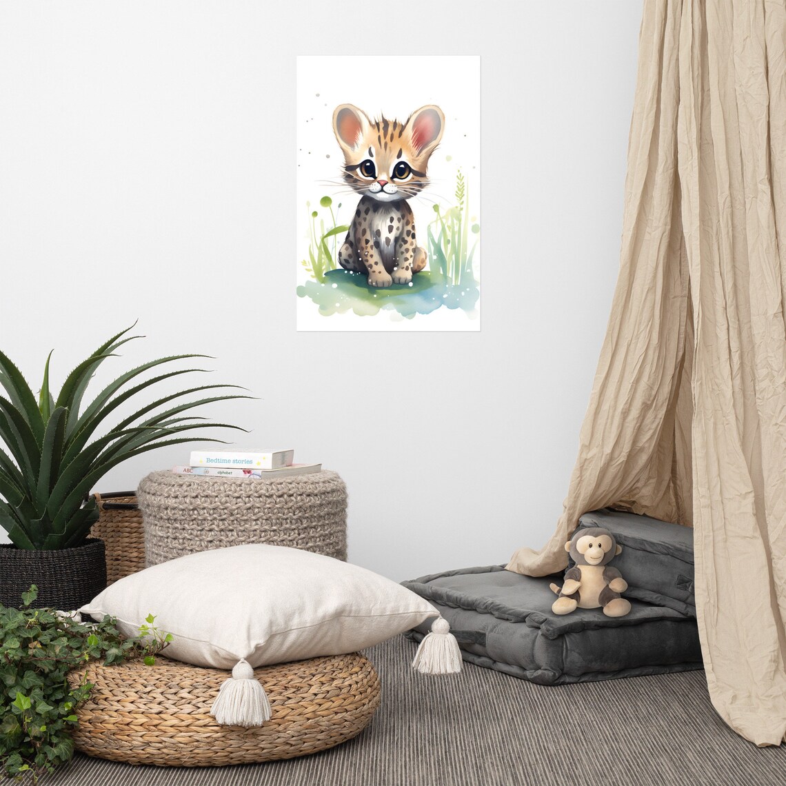Cute Baby Ocelot Watercolor Wild Cat Nursery Poster for Kids Room Decor