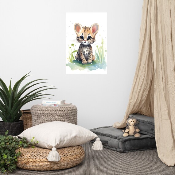 Cute Baby Ocelot Watercolor Wild Cat Nursery Poster for Kids Room Decor