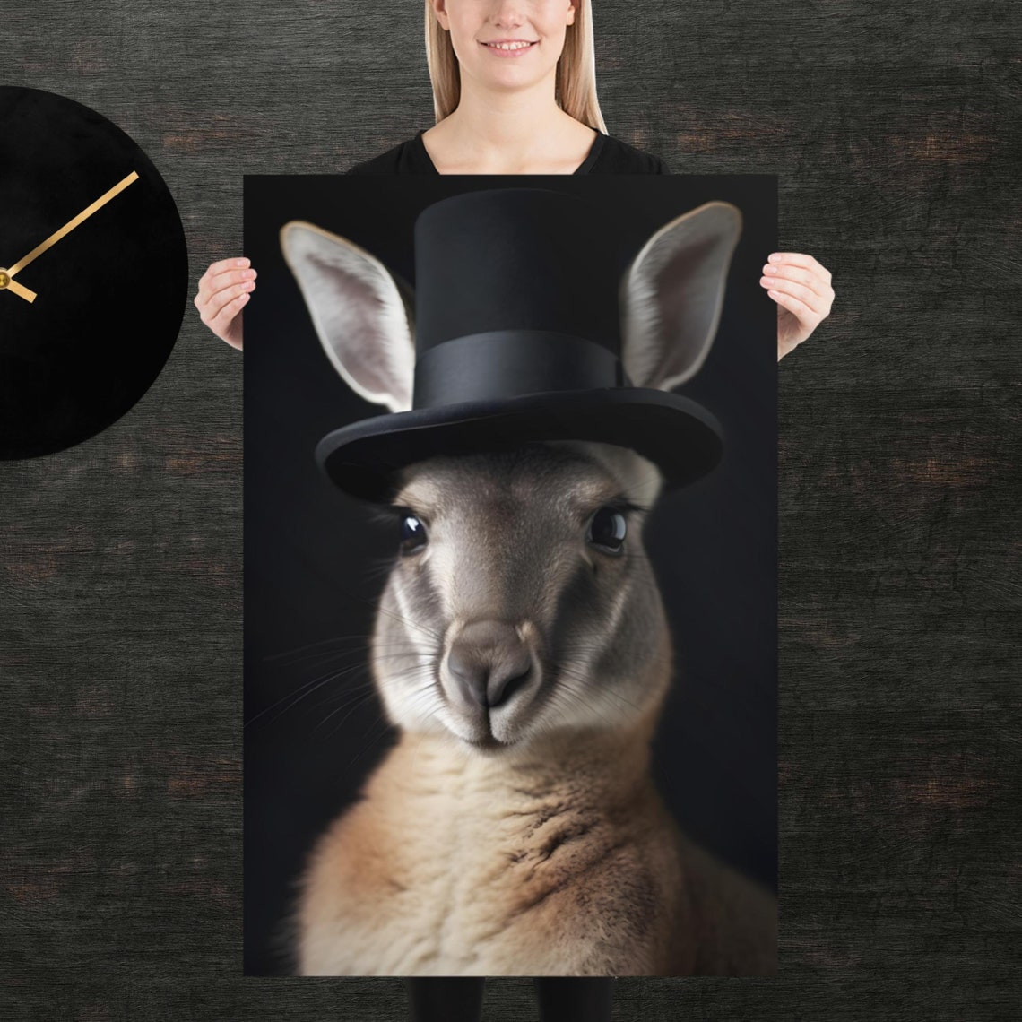 Charming Kangaroo Wearing Black Tophat Cute Fun Portrait Poster