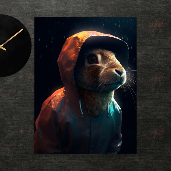 Rabbit In Raincoat Poster Art Wall Print Funny Animals Clothed Animal Cute