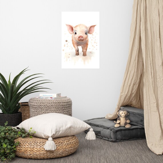 Cute Pink Piglet Watercolor Baby Farm Animal Nursery Poster for Kids Room