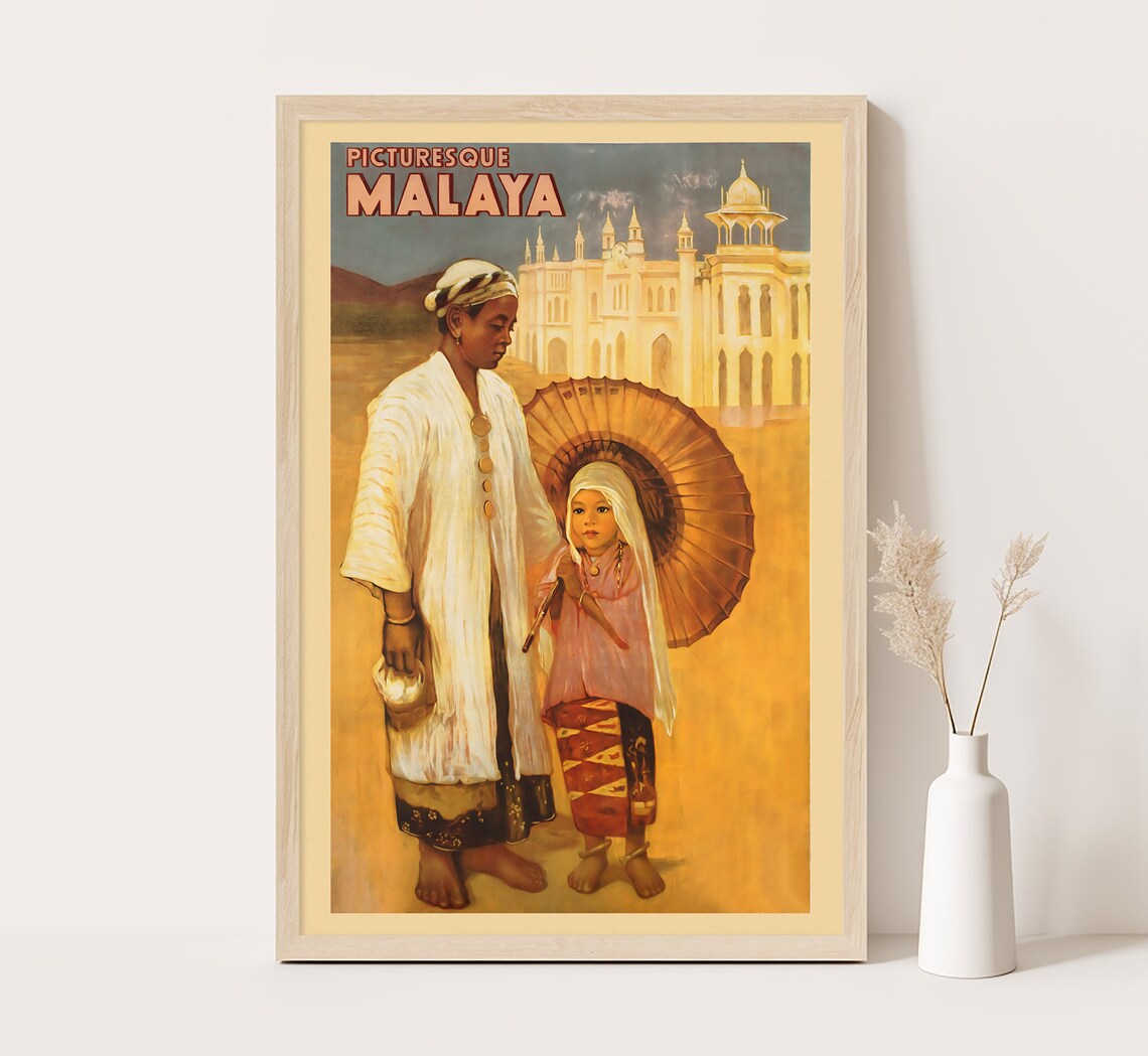 Picturesque Malaya Woman Child Parasol Mosque Golden Travel Poster