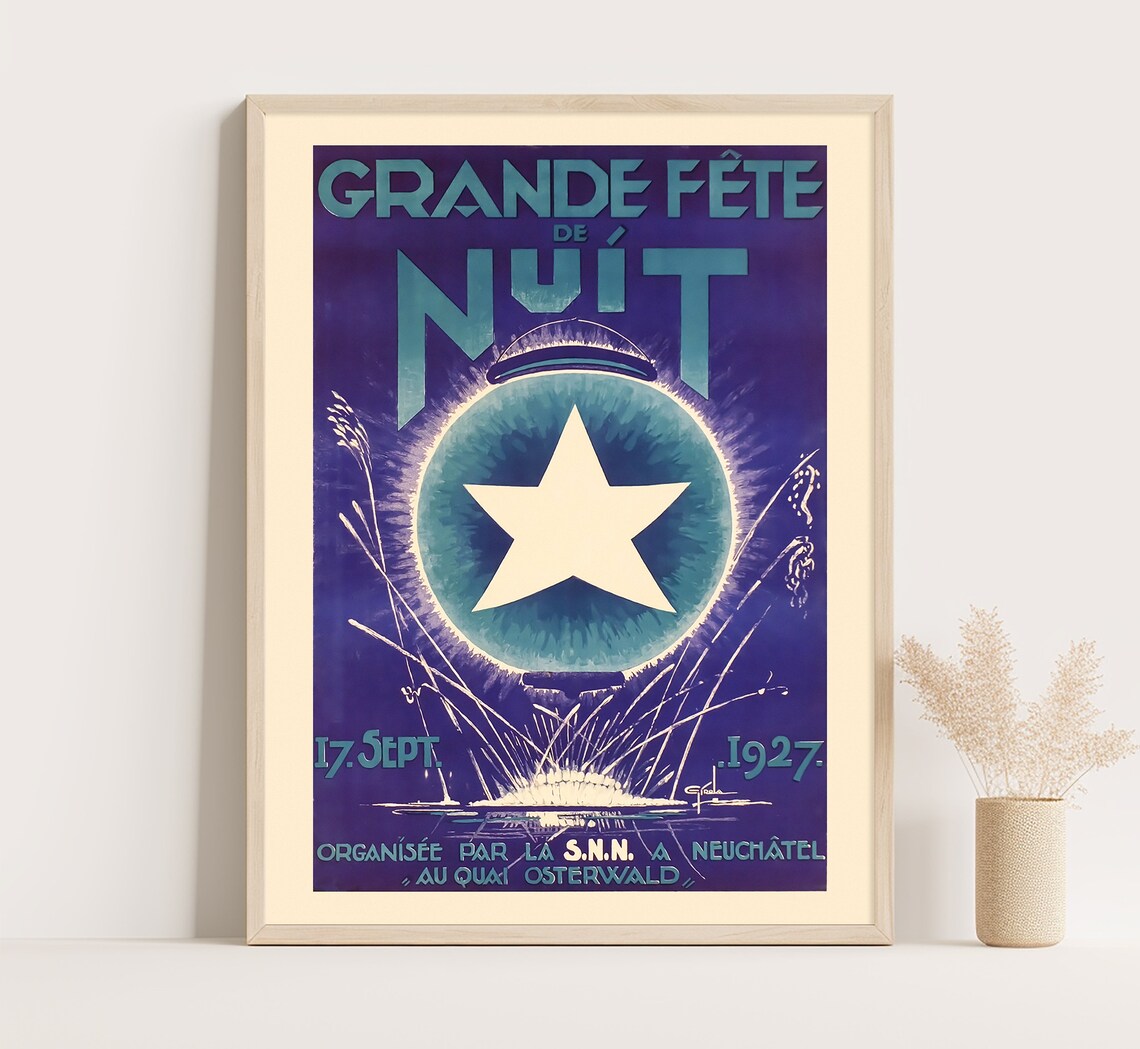 Neuchatel Switzerland Grande Fete De Nuit 1927 Fireworks Star Poster