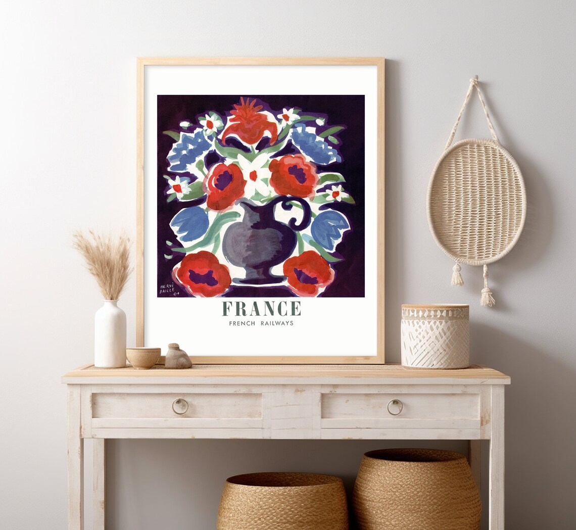 France French Railways Red Poppy Floral Bouquet Vintage Travel Poster - Image 4