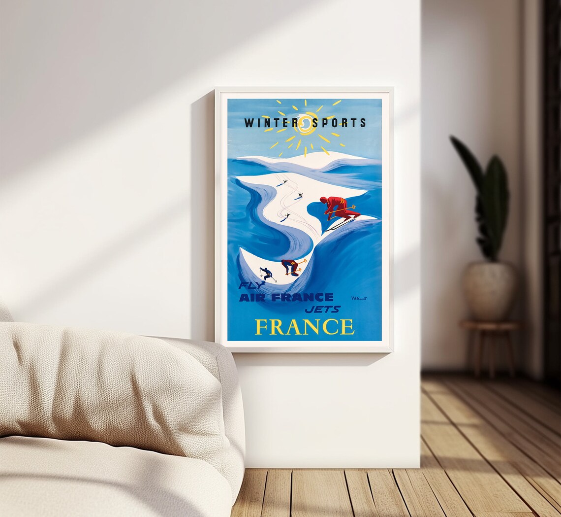 Air France Winter Sports Villemot Blue Ski Slopes Retro Travel Poster - Image 2