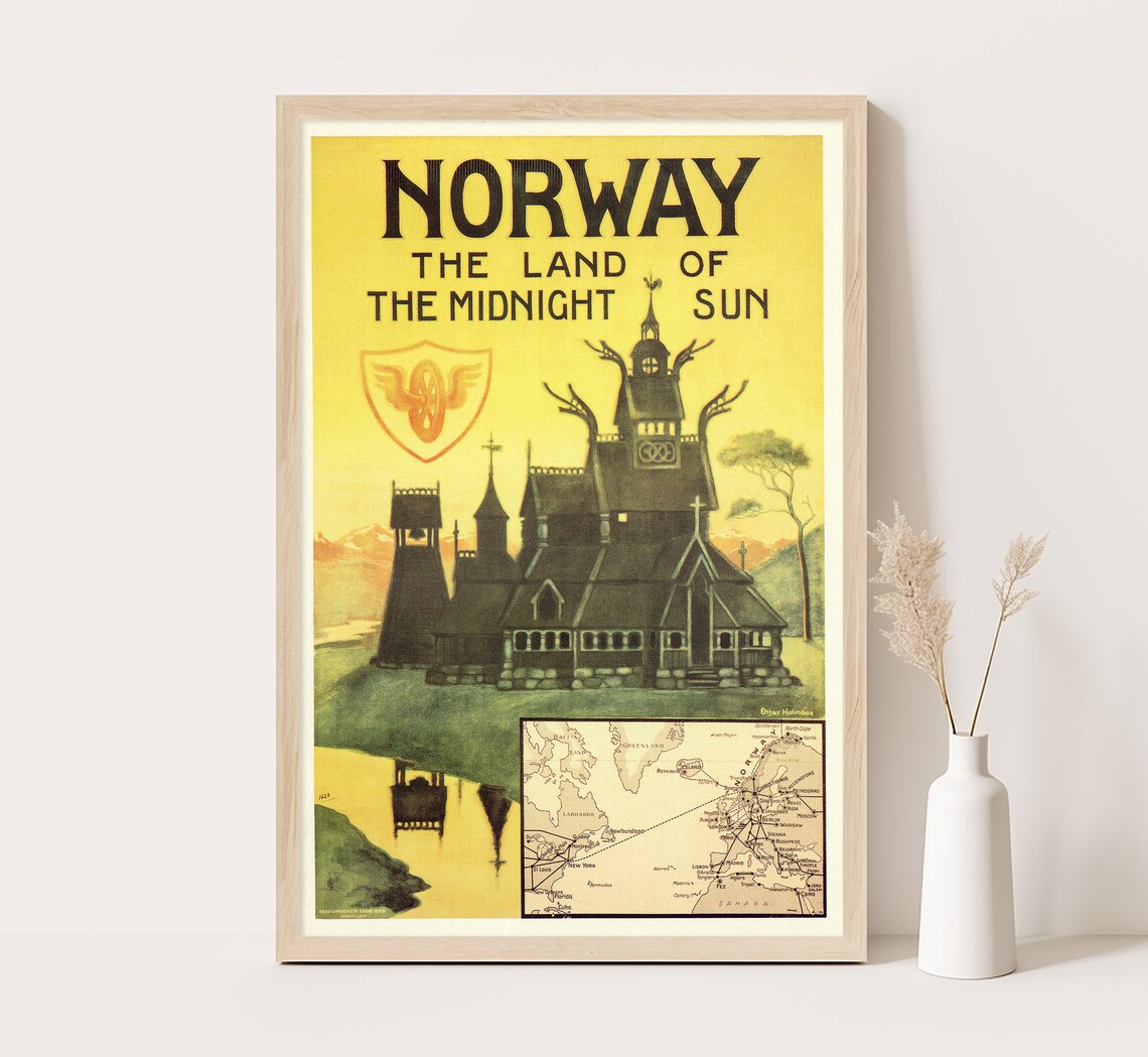 Norway Land Of Midnight Sun Stave Church Golden Vintage Travel Poster