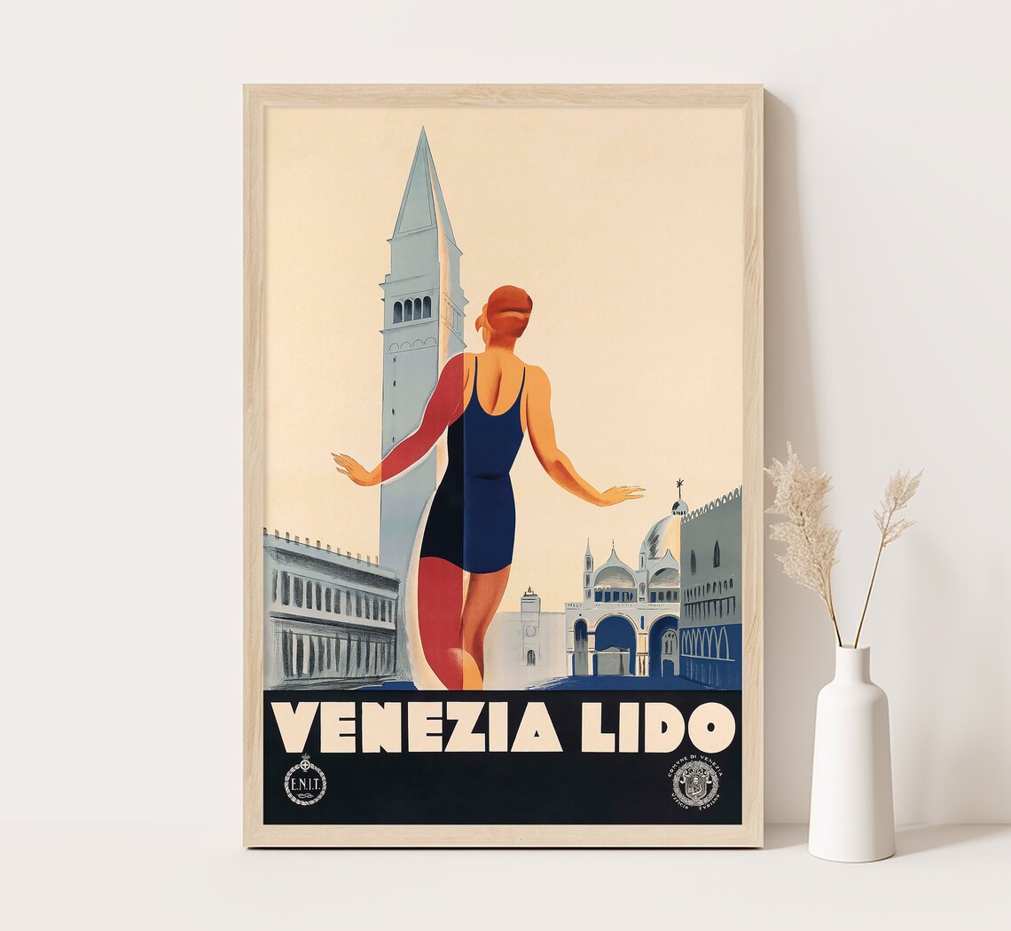 Venezia Lido Swimmer Before St Marks Campanile Vintage Italian Poster