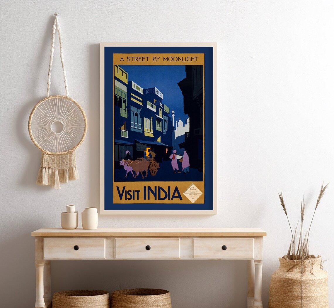 India Moonlight Street Ox Cart Night Scene Vintage Travel Poster - Image 4