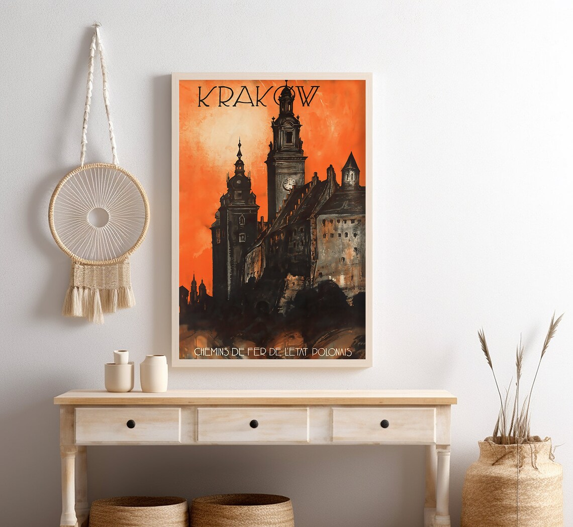 Krakow Poland Wawel Castle Sunset Silhouette Vintage Travel Poster - Image 4