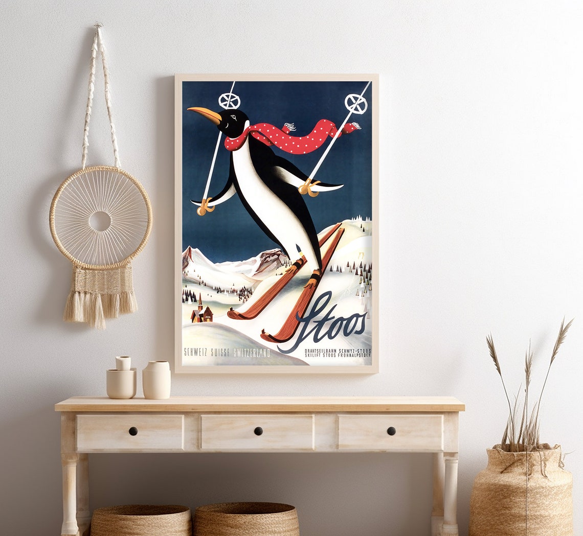 Stoos Switzerland Skiing Penguin Red Scarf Night Slopes Vintage Poster - Image 4
