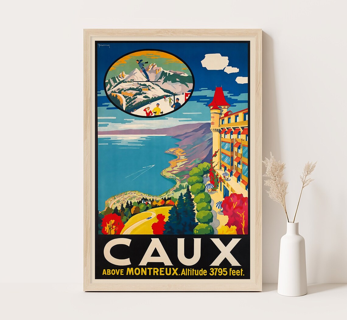 Caux Above Montreux Lake Geneva Alps View Vintage Travel Poster