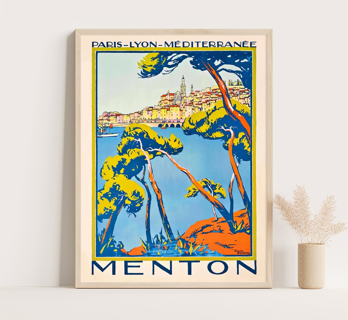 Menton France Riviera Pines Old Town Harbor PLM Vintage Travel Poster