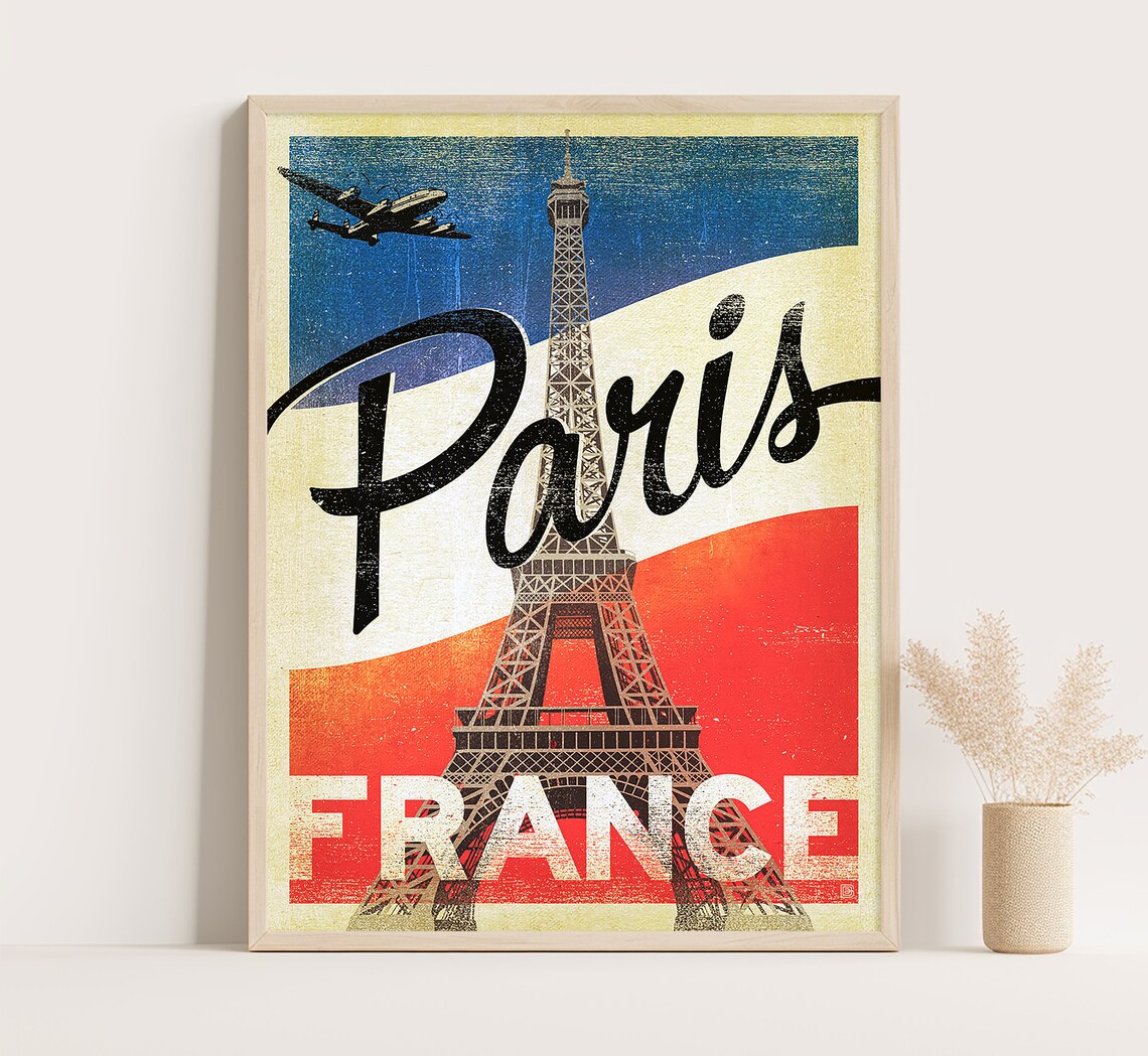 Paris France Eiffel Tower Vintage Airplane Retro Script Travel Poster