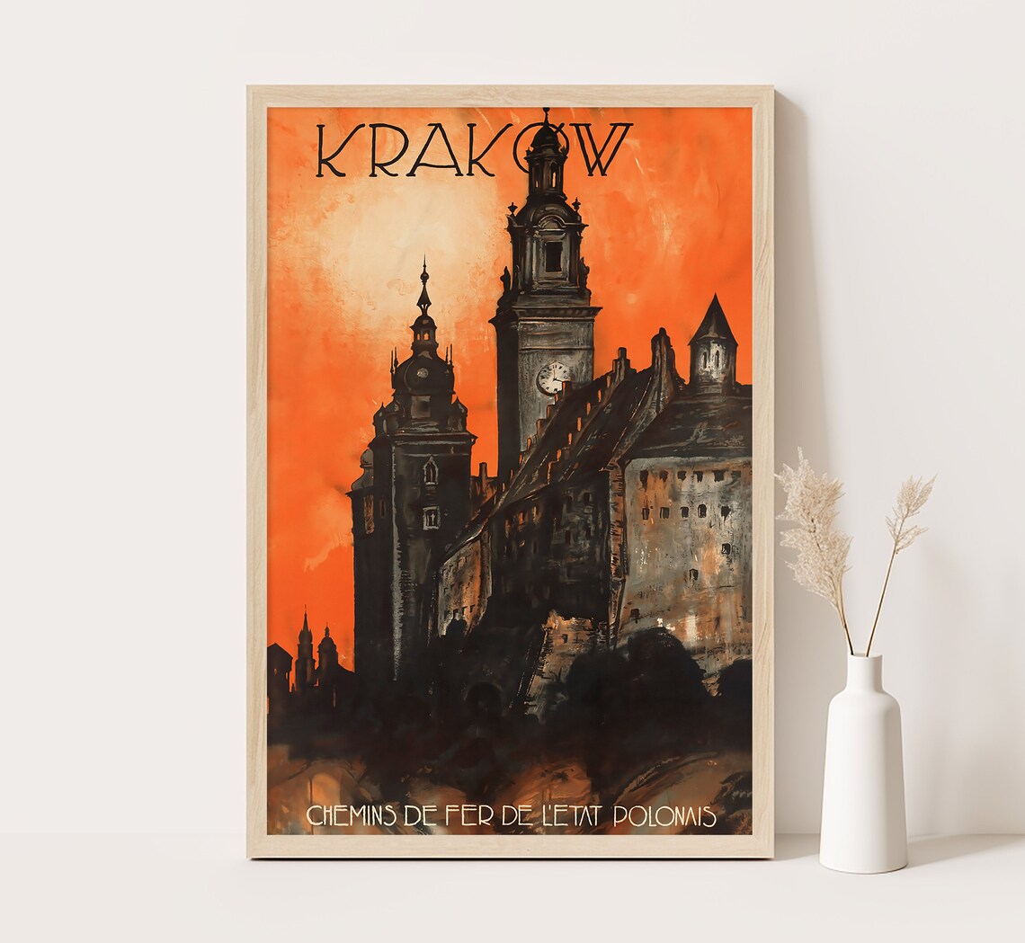 Krakow Poland Wawel Castle Sunset Silhouette Vintage Travel Poster
