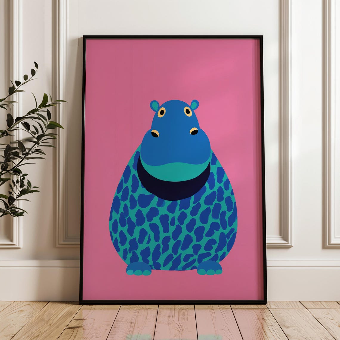 Blue Hippo Pop Art Poster Pink Background Cute Animal Decor Wall