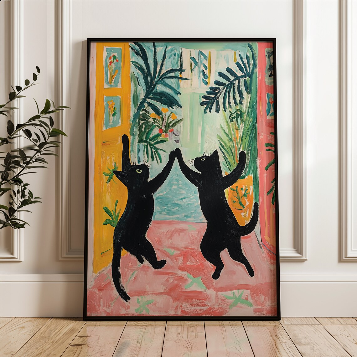 Two Dancing Black Cats Matisse Inspired Colorful Fauvist Art Poster