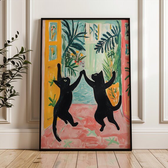 Two Dancing Black Cats Matisse Inspired Colorful Fauvist Art Poster