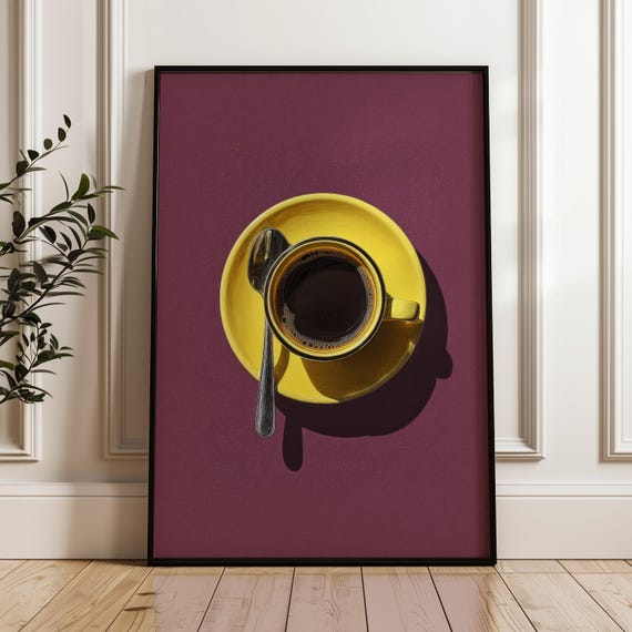 Coffee Cup Wall Art Poster Yellow And Deep Plum Background Print