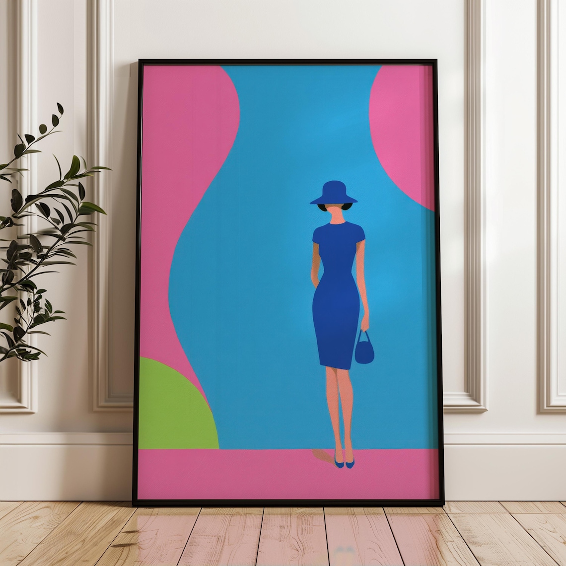 Stylish Woman in Blue Dress Hat Abstract Pop Art Wall Poster