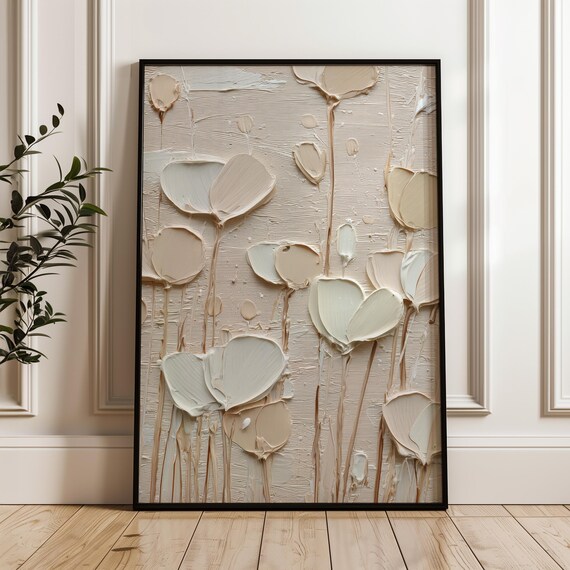 Beige Floral Abstract Palette Knife Textured Cream Flowers Wall Art