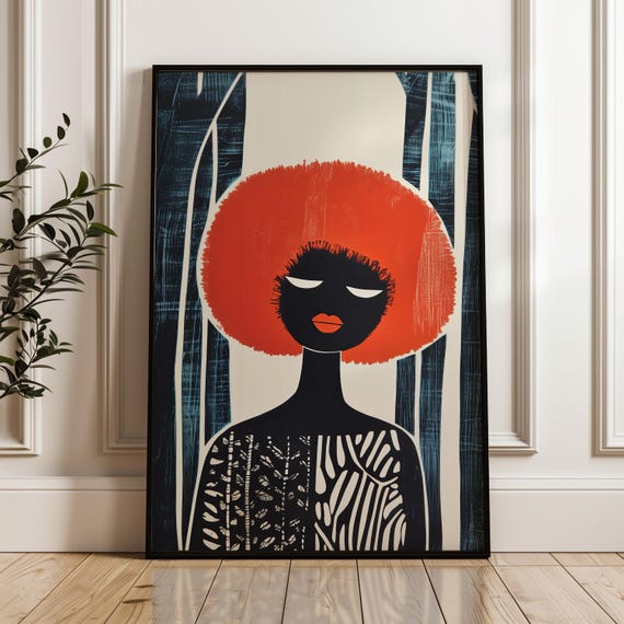 Red And Black Poster Girl Print Afro Wall Art Livingroom African Woman Illustration