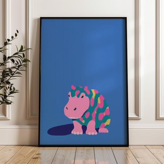 Minimal Hippo Art Print Modern Pop Poster Blue And Pink Wall Decor Playful Home