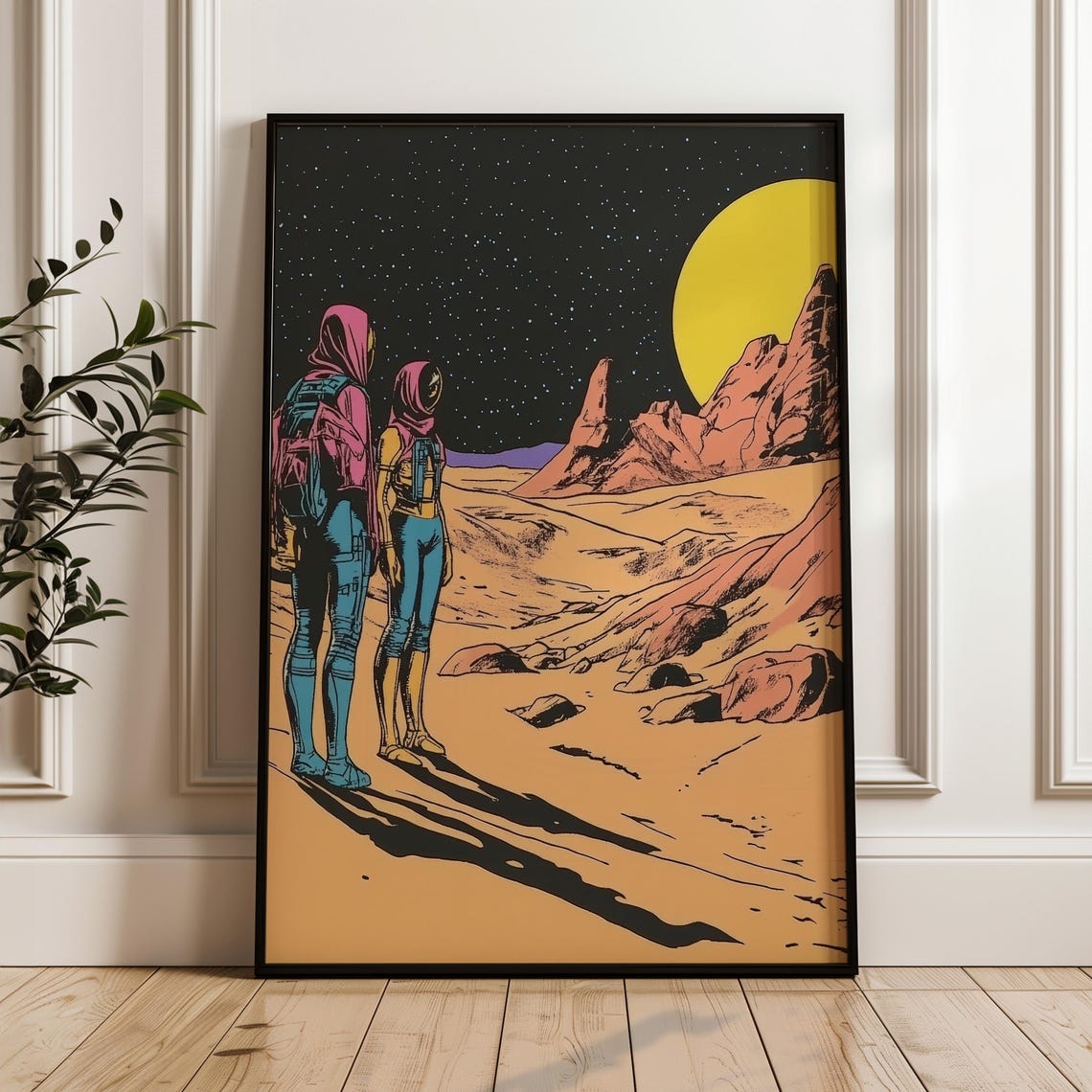 Two Astronauts Alien Planet Yellow Sun Retro Sci Fi Comic Art Poster