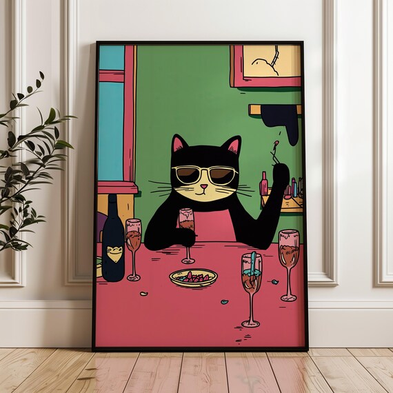 Cool Cat In Sunglasses Drinking Champagne Party Funny Poster