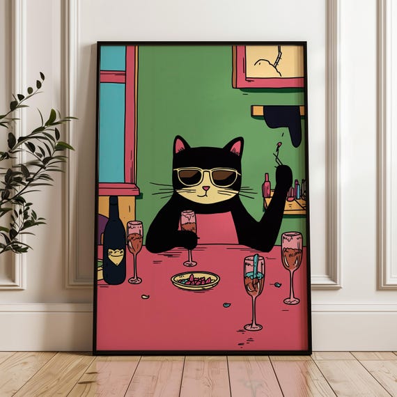 Funny Comedy Animal Art Print Partying Cat Poster Wall Decor Vintage Unique Artsy Comical