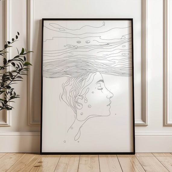 Dreaming Woman Face In Waves Underwater Line Art Minimalist Poster