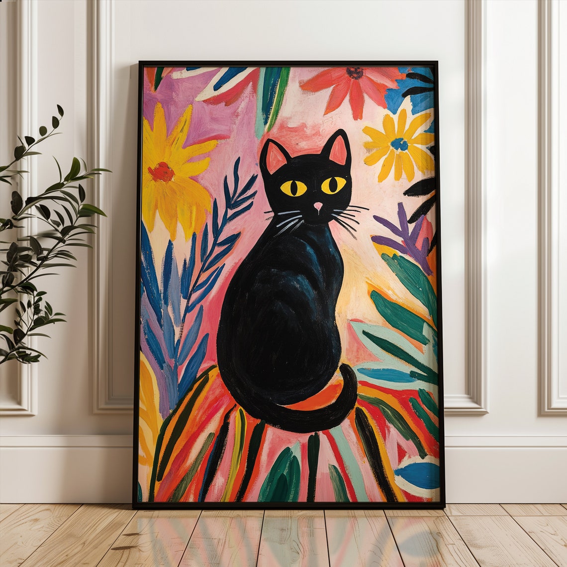 Black Cat Among Vibrant Flowers Matisse Style Colourful Art Poster