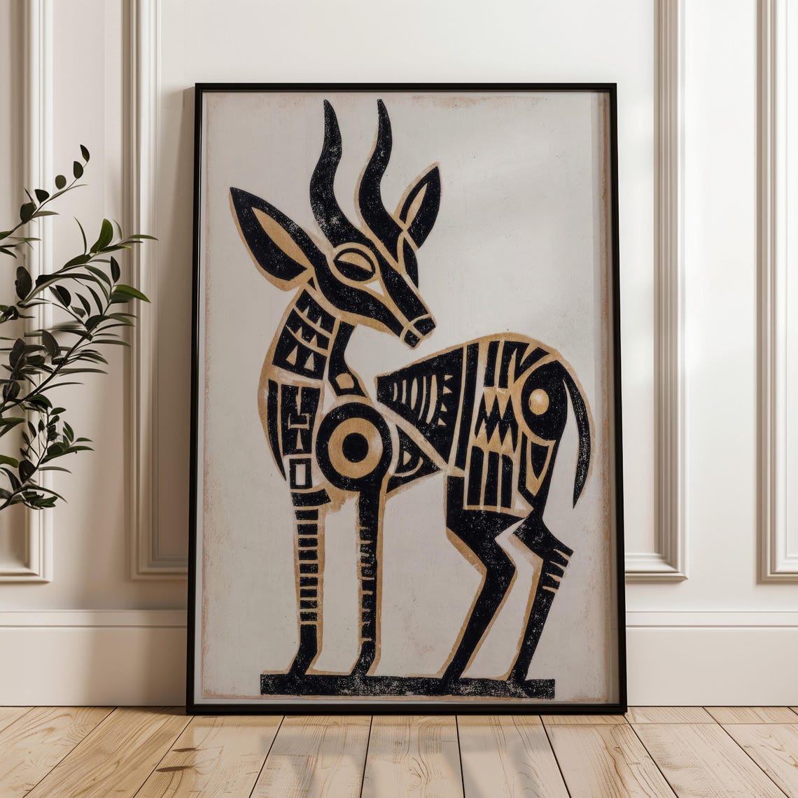 Black Gold Stylized Gazelle Antelope Folk Geometric Art Poster