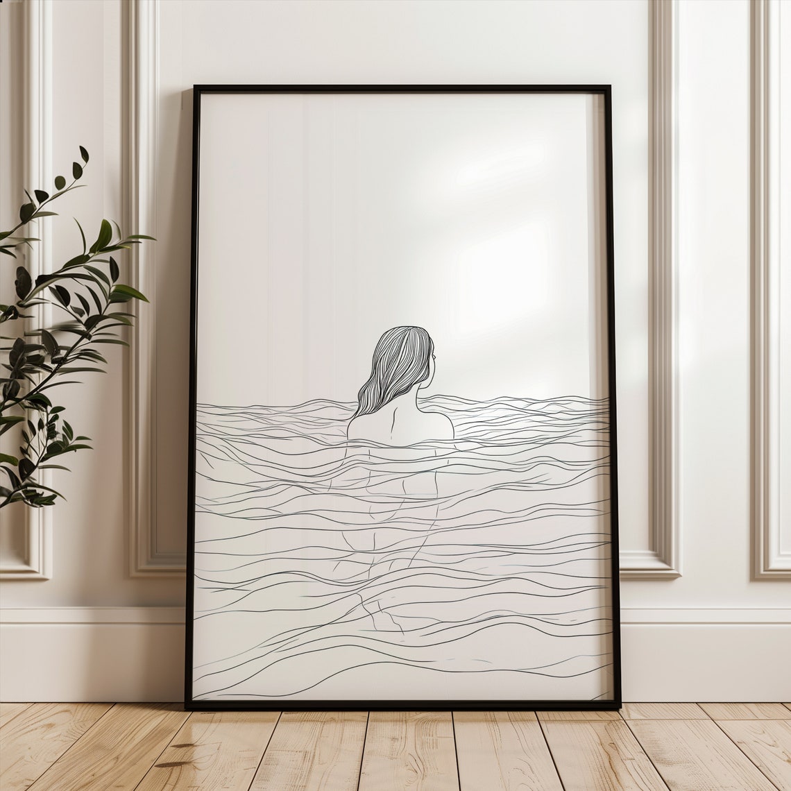 Woman in Sea Single Line Art Waves Minimalist Ocean Scene Print
