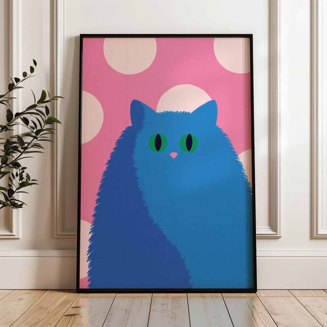 Minimalist Blue Cat Pink Polka Dot Background Playful Pop Print