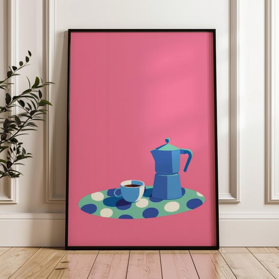 Minimal Coffee Art Print Modern Pop Poster Blue And Pink Wall Decor Playful Home