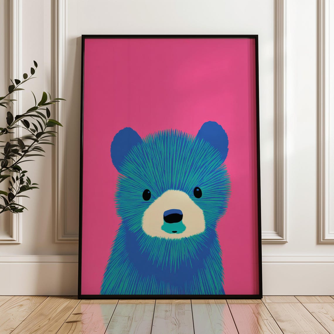Blue Bear Pop Art Poster Pink Background Cute Animal Decor Art