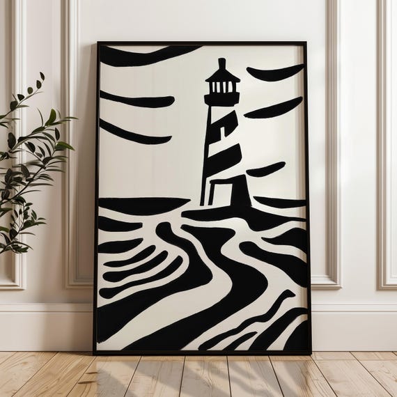 Minimalist Lighthouse Poster Black And Beige Print Modern Organic Wall Art Scandinavian Home