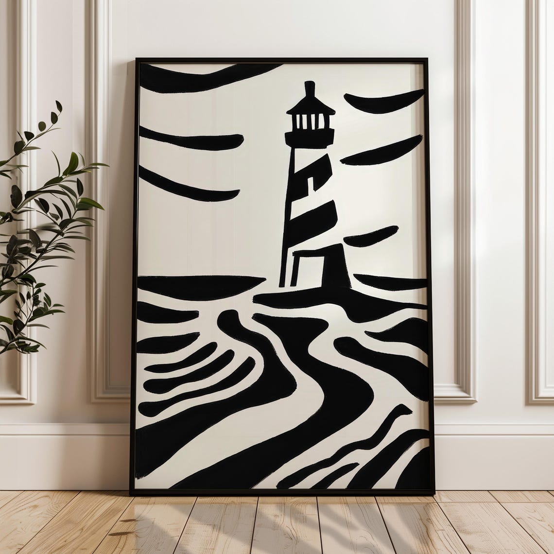 Bold Black White Striped Lighthouse Rolling Waves Minimal Art Poster