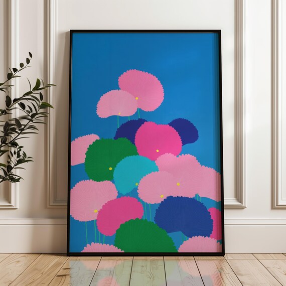 Bright Pink and Blue Fan Flowers Minimal Pop Art Botanical Poster