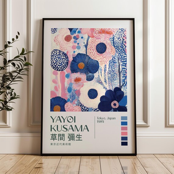 Yayoi Kusama Blue Pink Flower Exhibition Style Dot Art Poster