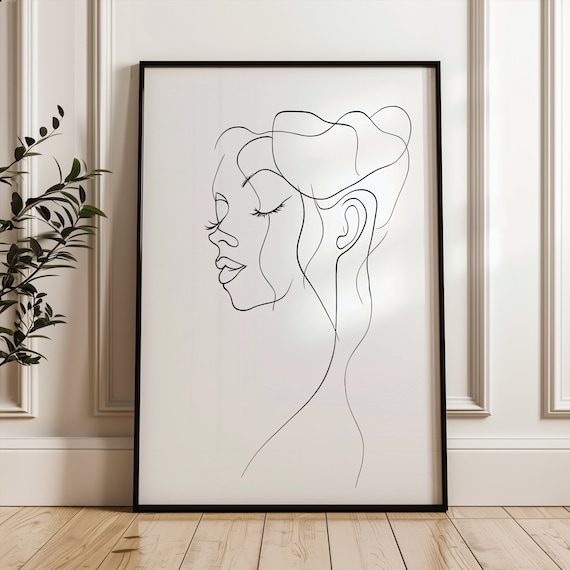 Minimalist Woman Portrait Continuous Line Art Black White Poster