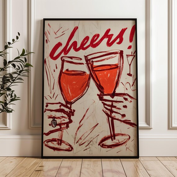 Cheers Red Ink Sketch Clinking Wine Glasses Bar Cart Art Poster