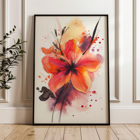 Abstract Watercolor Floral Print Bright Orange Poster On Matte Paper