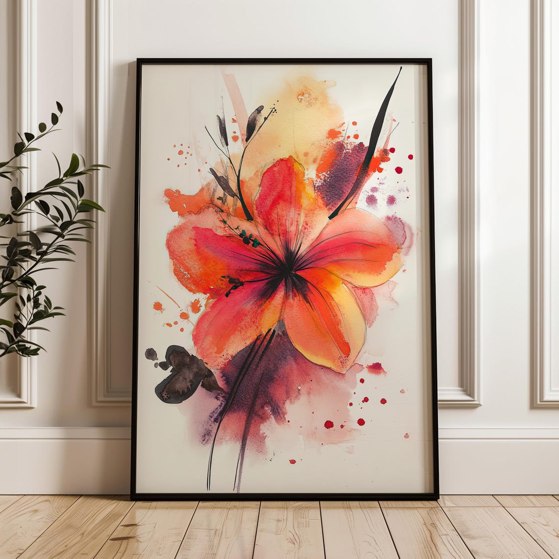 Bold Orange Red Watercolor Flower Splash Abstract Floral Poster