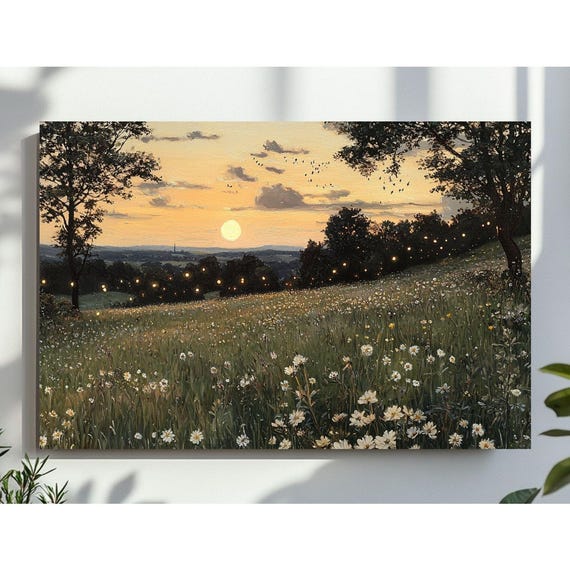 Fireflies Field In Twilight Wall Art Moody Landscape Antique Oil Painting Artwork Print