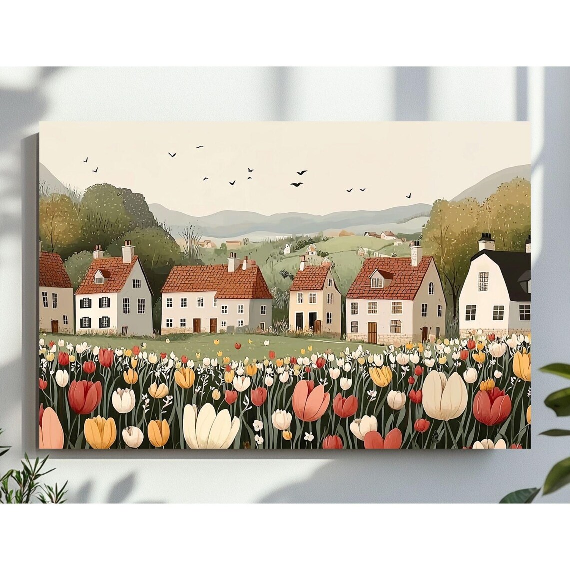 Spring Tulip Fields Village Cottages Countryside Farm Art Poster