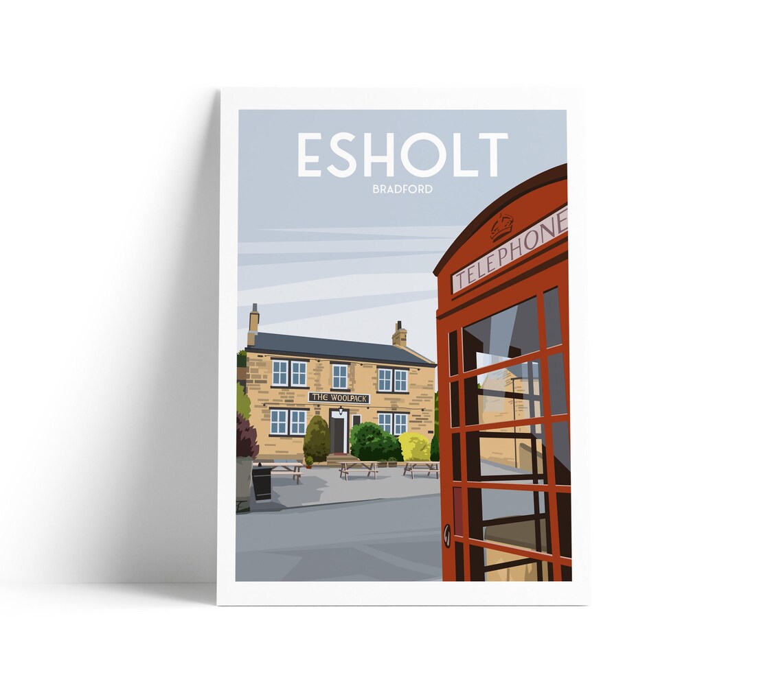 Esholt Bradford Woolpack Pub Red Phone Box Charming Village Travel Poster