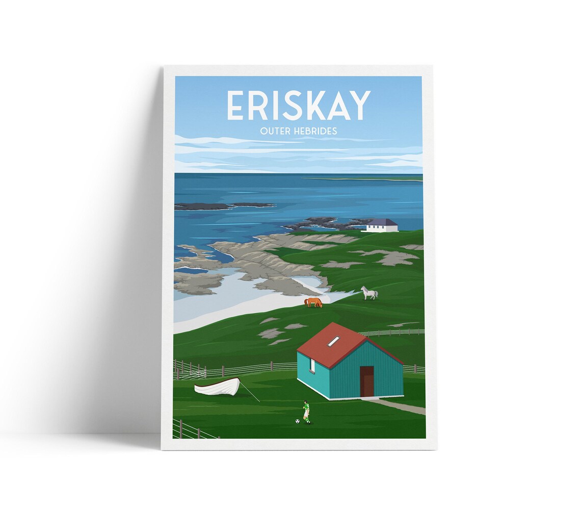 Eriskay Outer Hebrides Coastal Cottage Horses Green Cliffs Travel Poster
