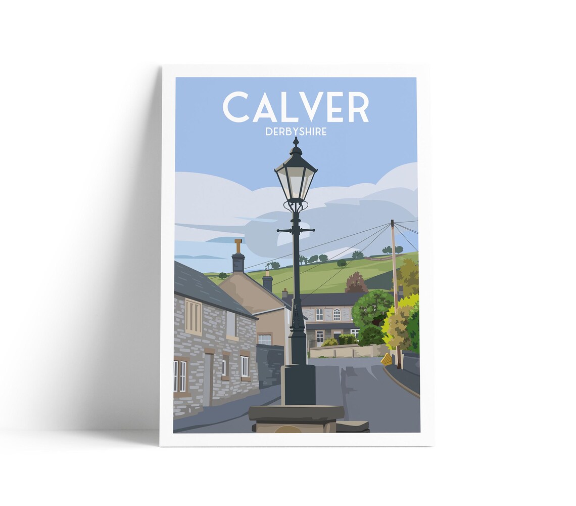 Calver Derbyshire Village Lamp Post Stone Cottages Vintage Travel Poster