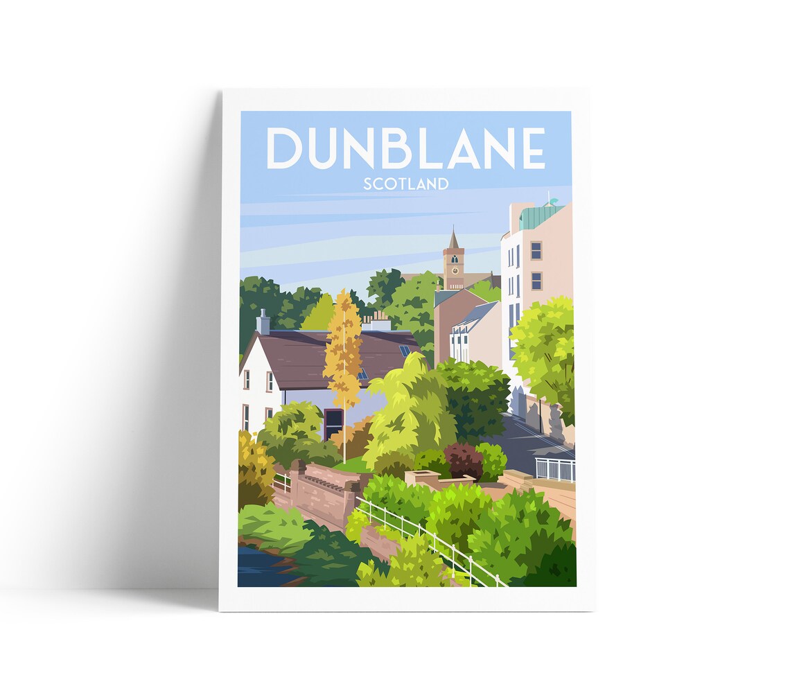 Dunblane Scotland Town Scene Vintage Travel Poster Church View